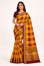 Traditional Mustard Yellow Chettinad Cotton Saree with Maroon Checks Border