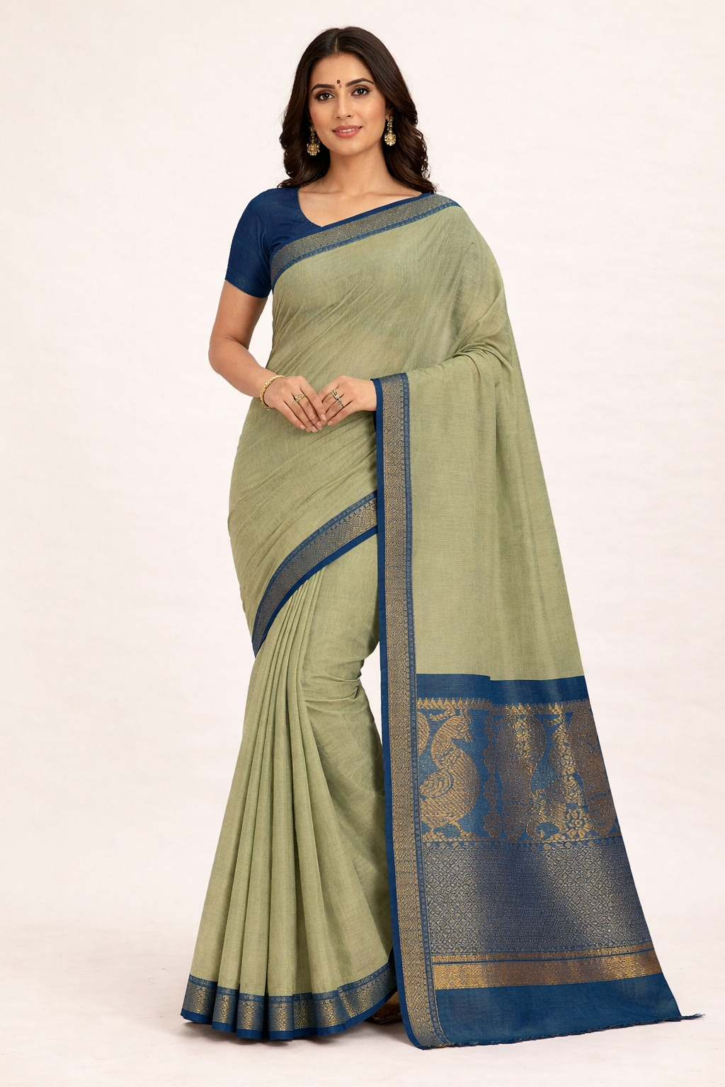 Elegant Peacock Blue Chettinad Cotton Saree with Traditional Border
