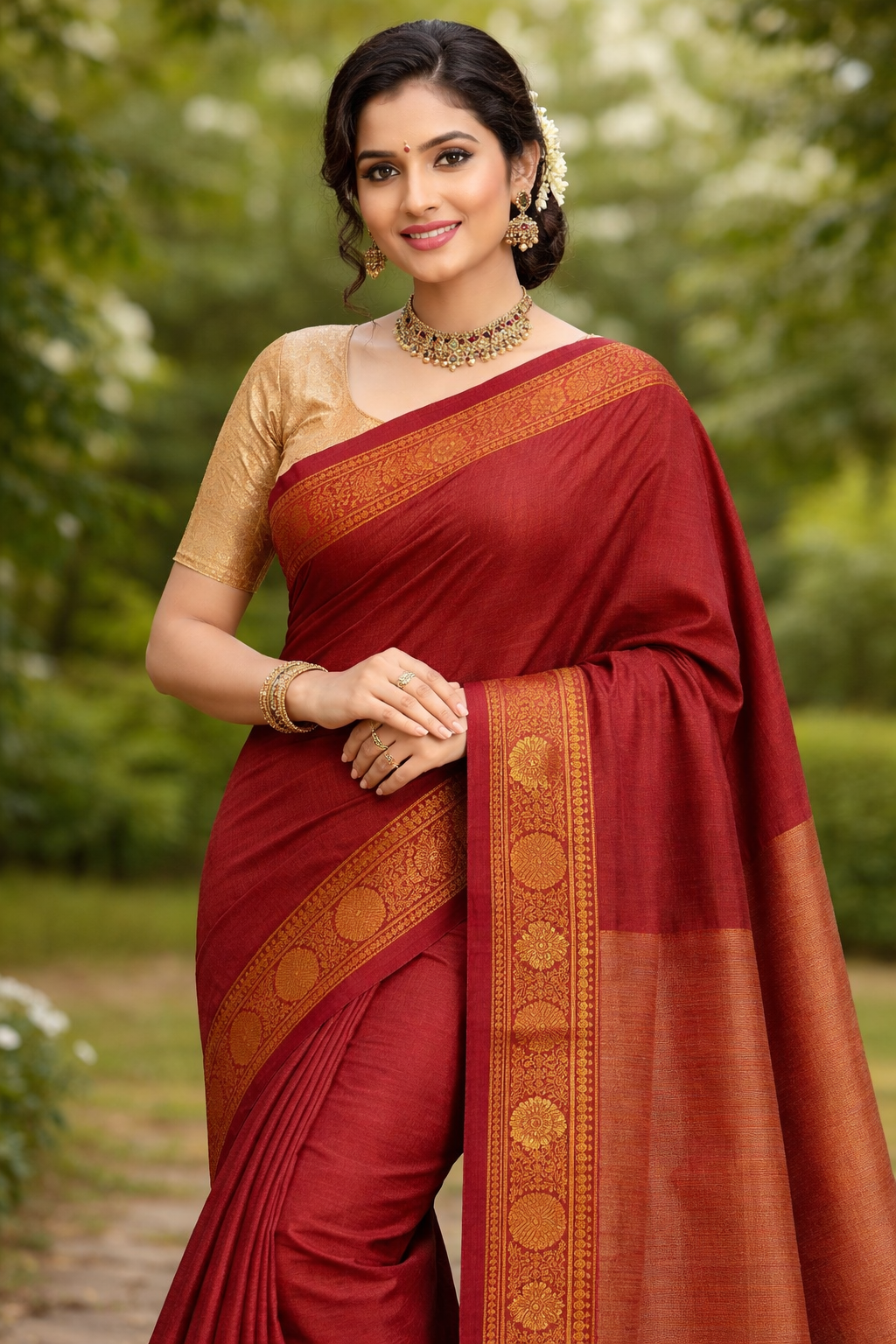 Maroon Cotton Saree with Traditional Zari Border