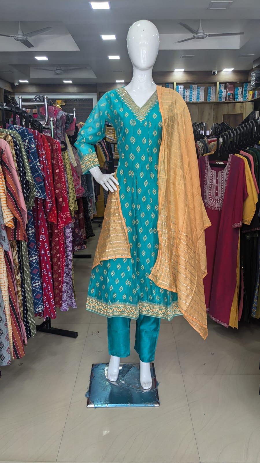 Elegant Teal & Mustard Embroidered Kurta Set with Designer Dupatta – Festive Ethnic Wear