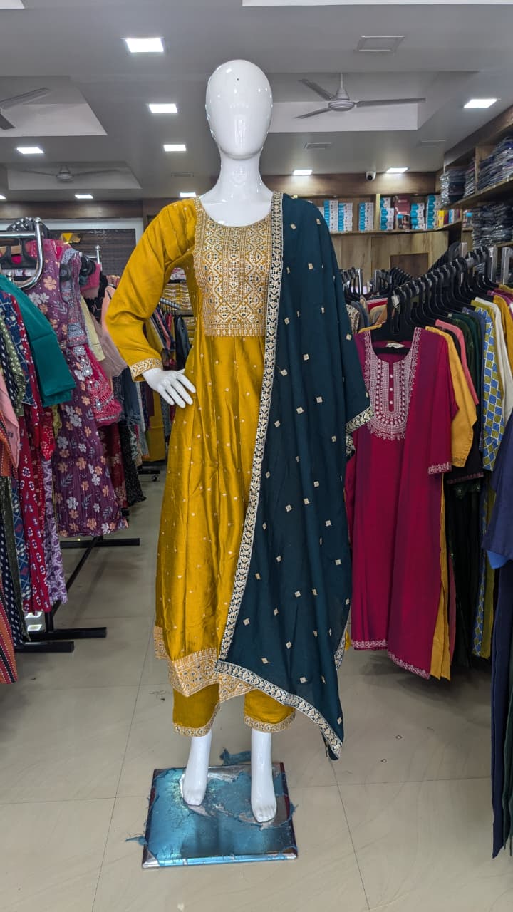 Mustard Yellow Embroidered Kurta Set with Teal Designer Dupatta – Festive & Wedding Wear