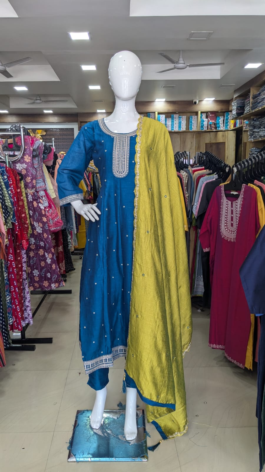 Teal Blue Embroidered Kurta Set with Mustard Yellow Dupatta – Elegant Festive Wear