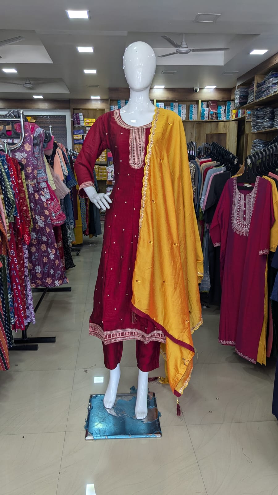 Maroon Embroidered Kurta Set with Mustard Yellow Dupatta – Festive & Wedding Wear Suit