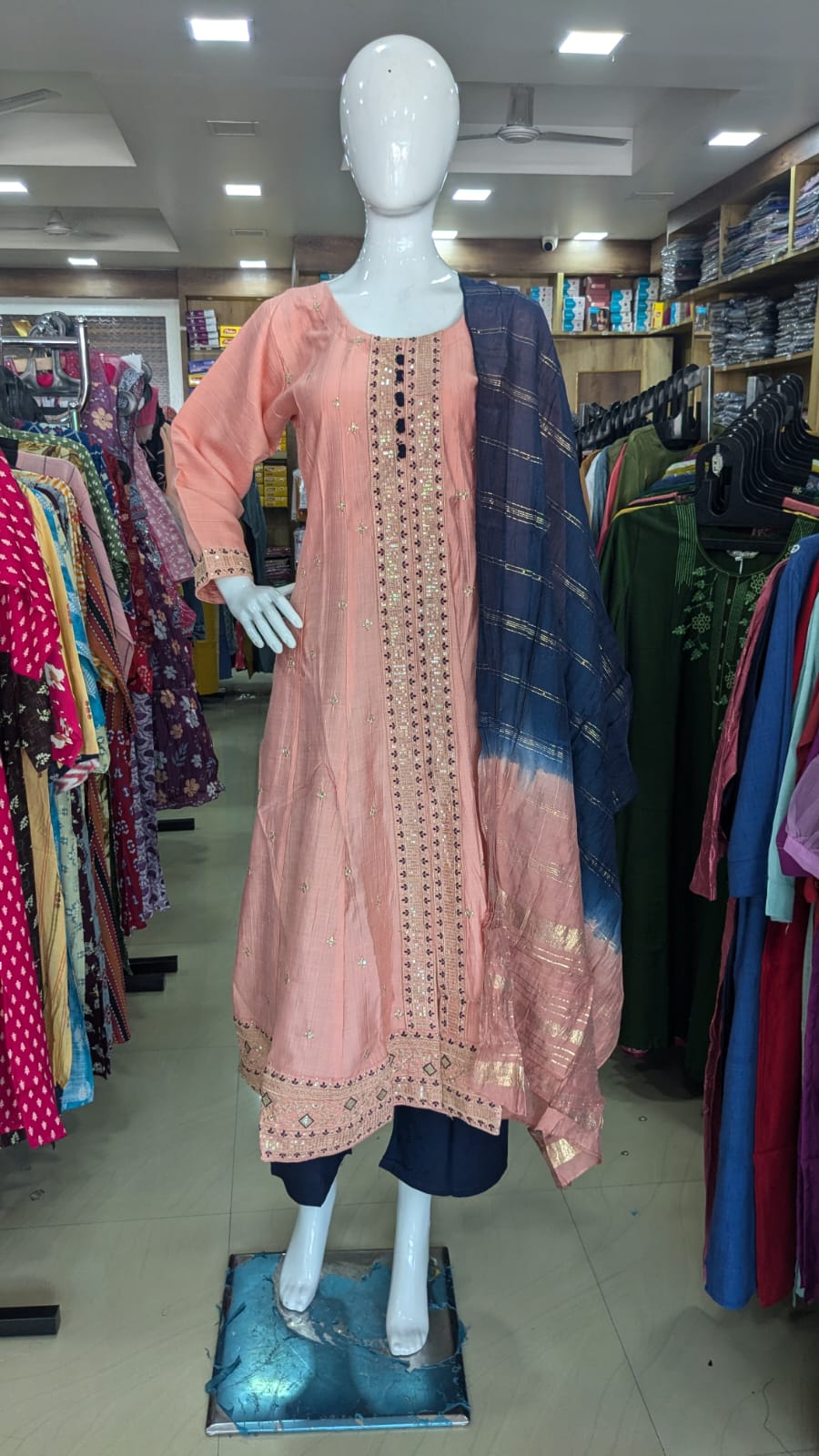 Peach Embroidered Kurta Set with Navy Blue Dupatta – Elegant Festive Wear