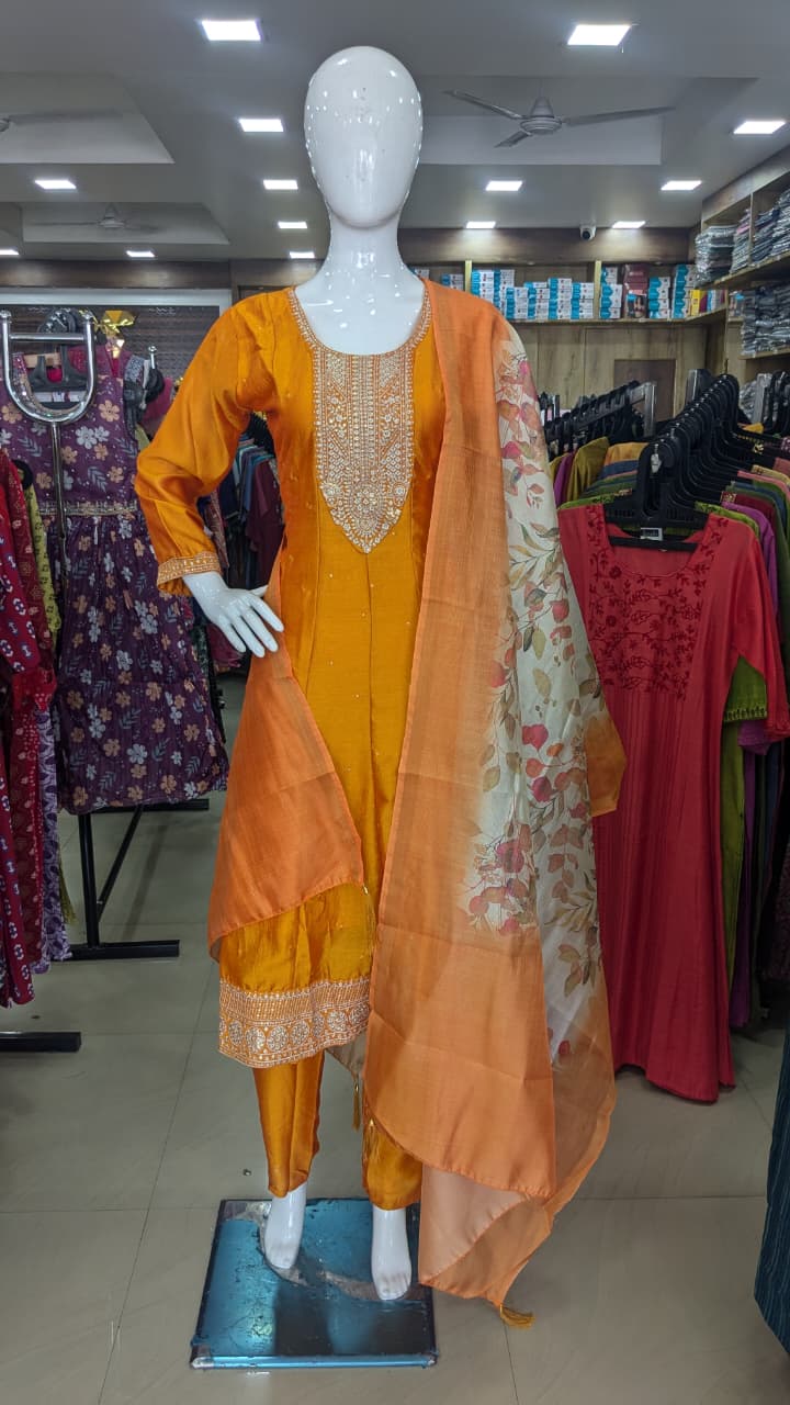Mustard Yellow Embroidered Kurta Set with Peach Floral Dupatta – Festive Ethnic Wear