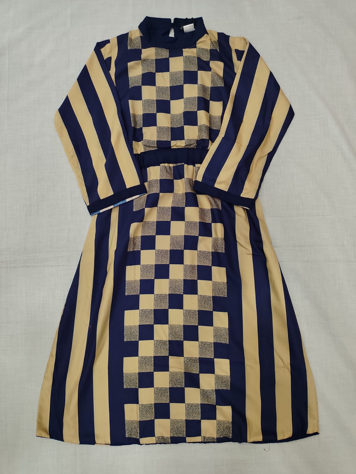 Women’s Sandal & Navy Checkered Frock Style Western Top – Round Neck Rayon Dress