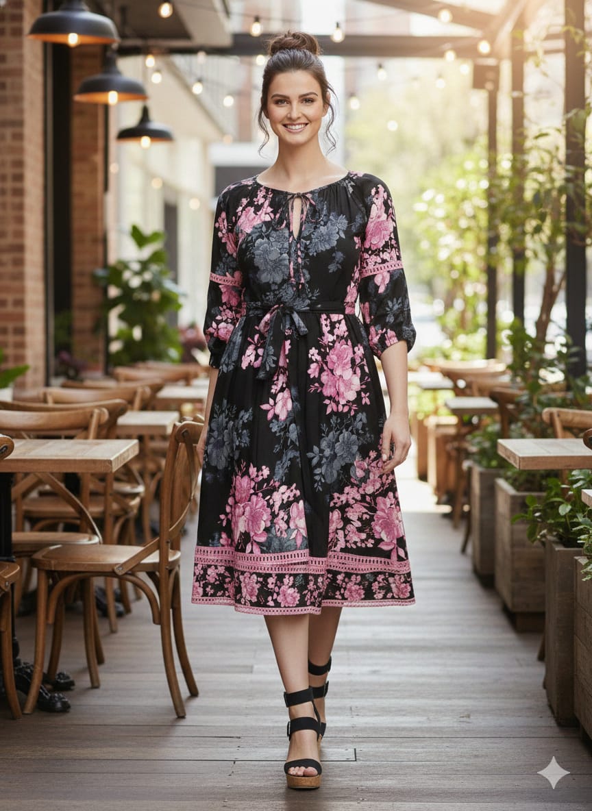 Black Floral Midi Dress with Pink Blossom Print – Tie Waist, 3/4 Sleeves, Elegant Casual Wear