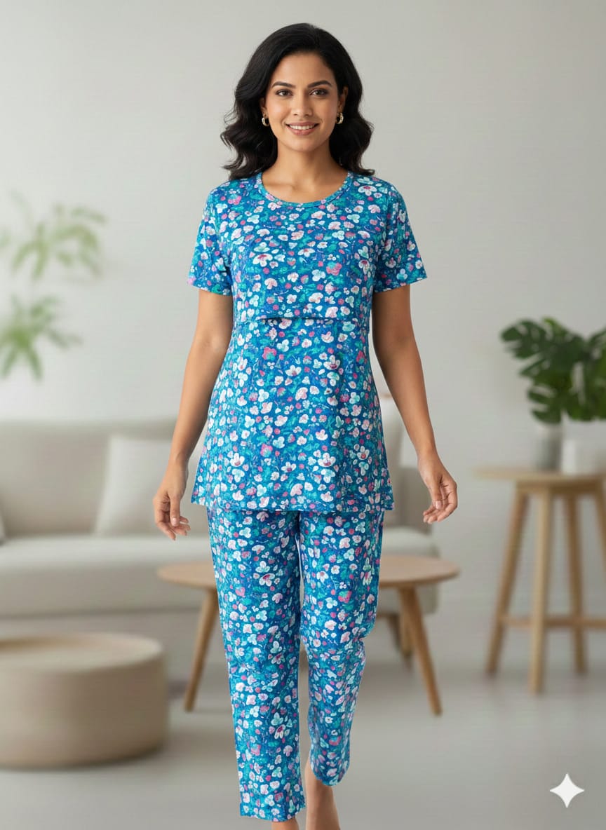 Teal Blue Floral Printed Co-Ord Set – Soft Cotton Top & Pant Lounge Wear for Women