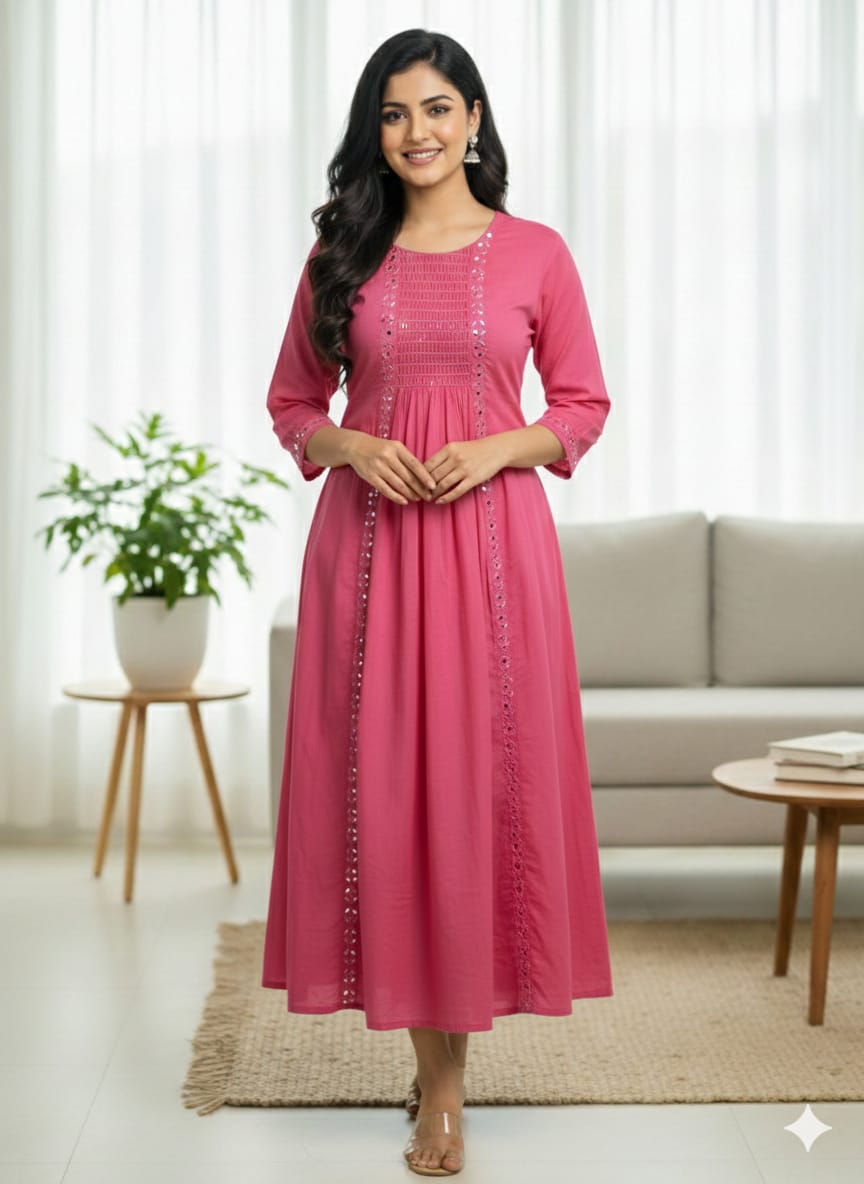 Blush Pink Embellished Anarkali Dress – Elegant 3/4 Sleeve Festive & Party Wear