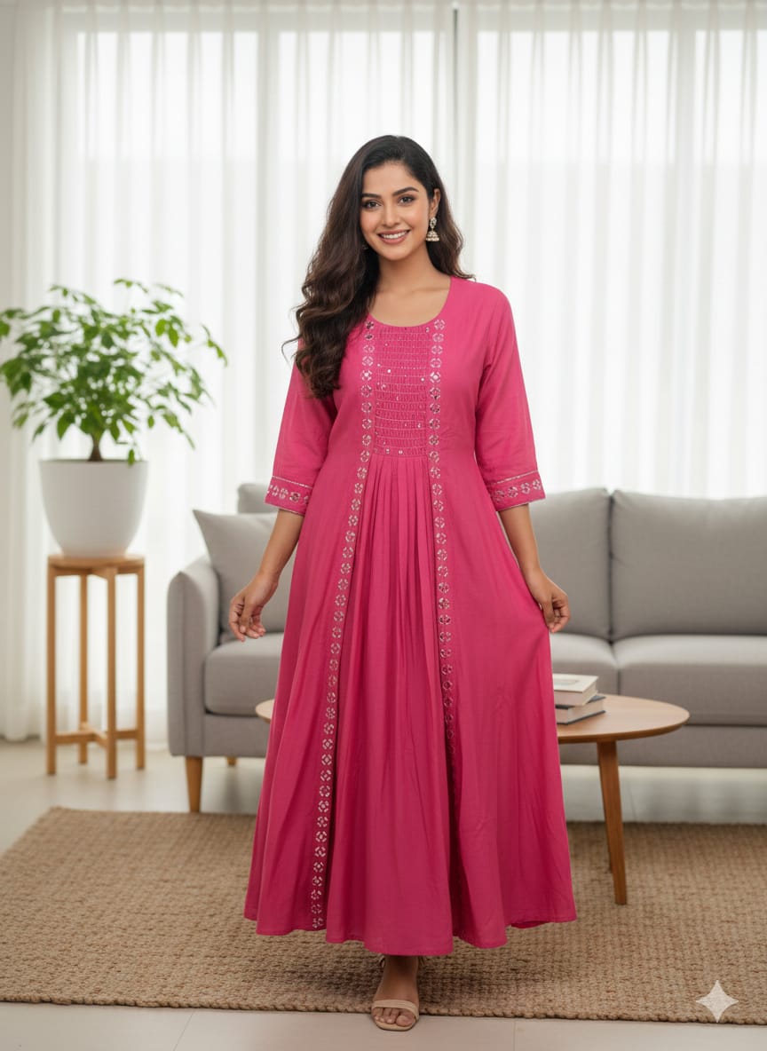 Rani Pink Embellished Anarkali Dress – Elegant Festive & Party Wear for Women