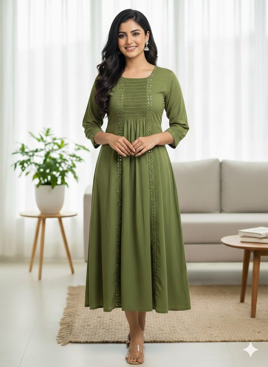 Olive Green Embellished Anarkali Dress – Elegant 3/4 Sleeve Festive & Casual Wear