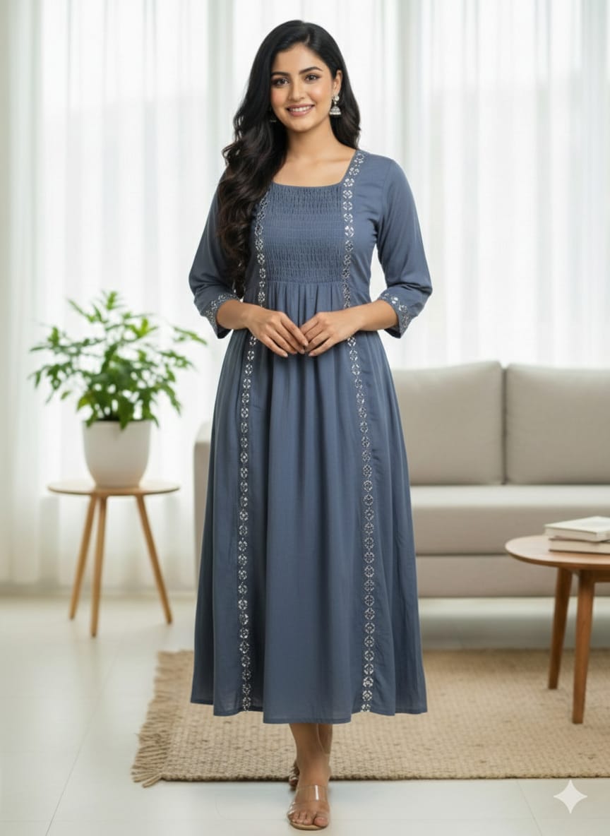 Steel Blue Embellished Anarkali Dress – Elegant 3/4 Sleeve Festive & Office Wear