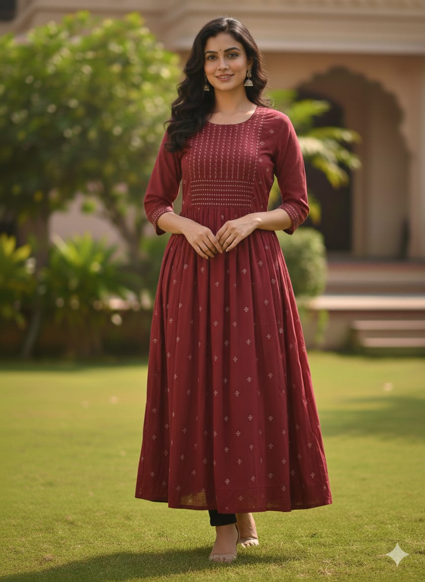 Maroon Printed Anarkali Kurti – Elegant 3/4 Sleeve Festive & Casual Wear