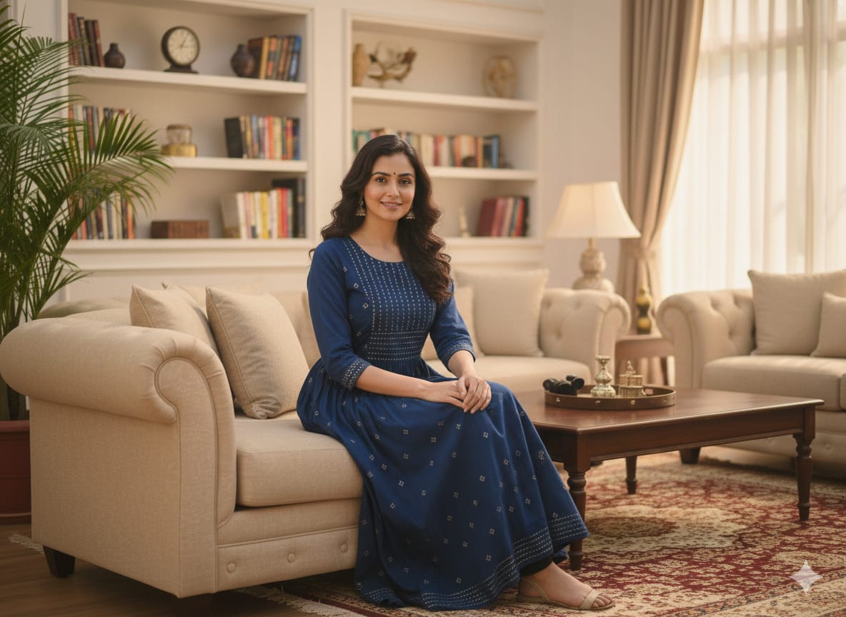 Navy Blue Printed Anarkali Dress – Elegant 3/4 Sleeve Festive & Casual Wear