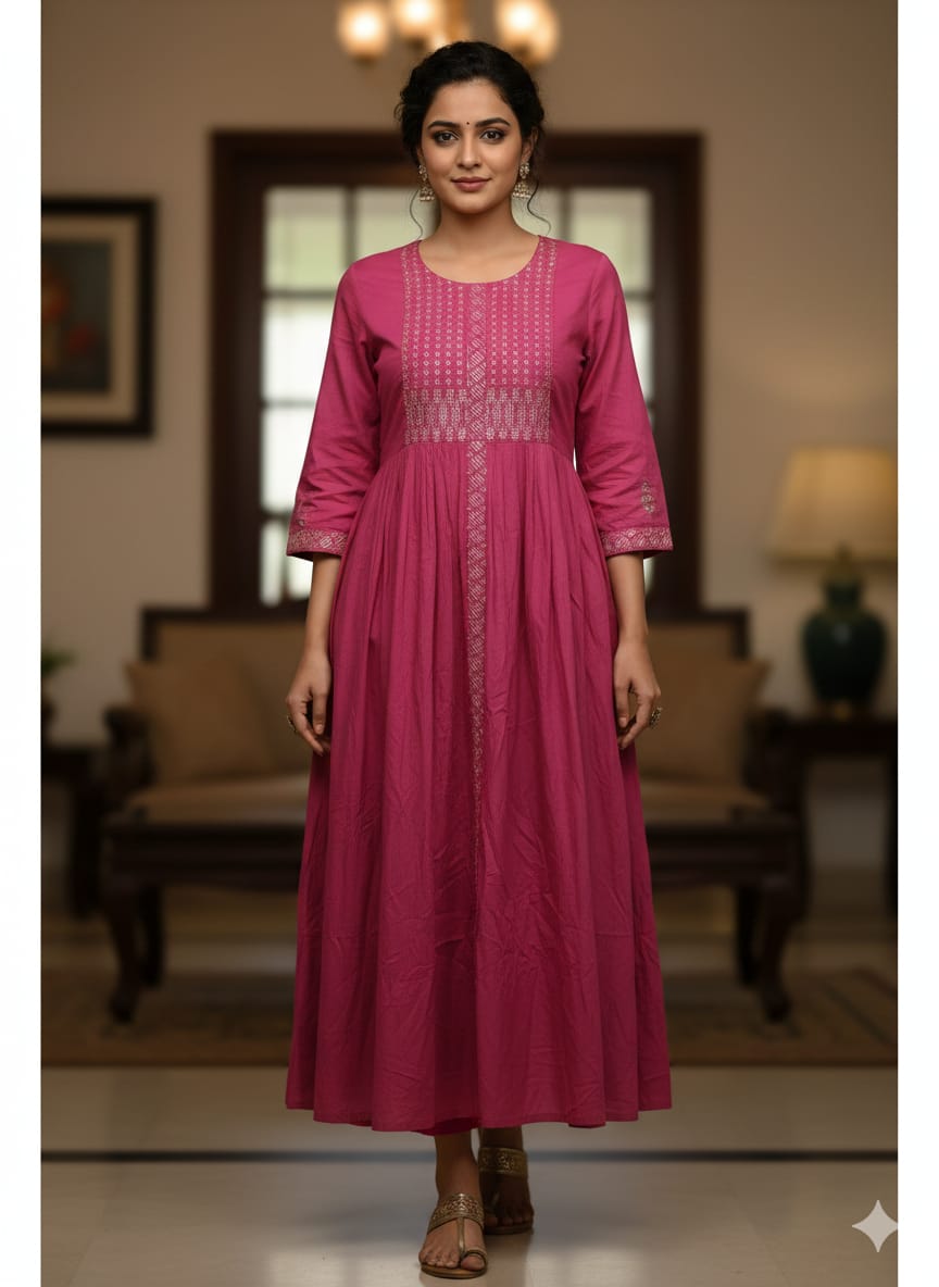 Rani Pink Embroidered Anarkali Dress – Elegant 3/4 Sleeve Festive & Ethnic Wear