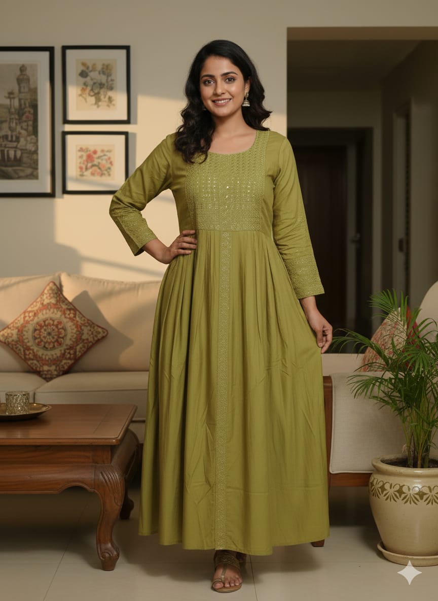 Olive Green Embroidered Anarkali Dress – Elegant Full-Length Festive & Ethnic Wear