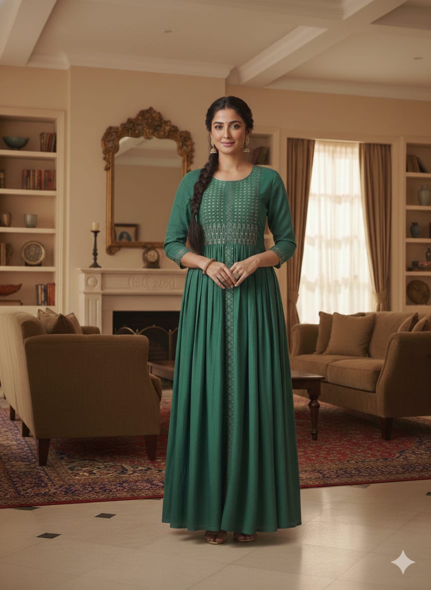 Emerald Green Embroidered Anarkali Dress – Elegant Full-Length Festive & Ethnic Wear