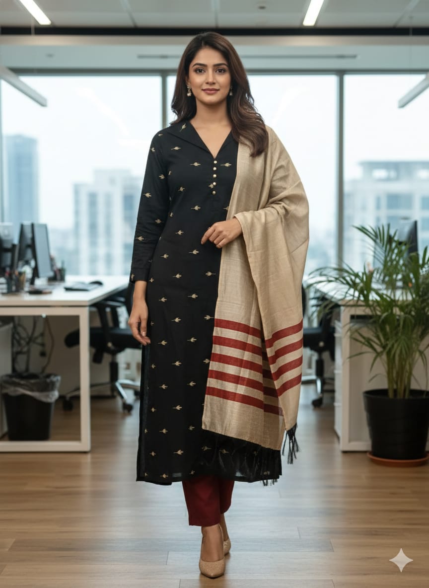 Black Raw Silk Salwar Suit Set with Dupatta