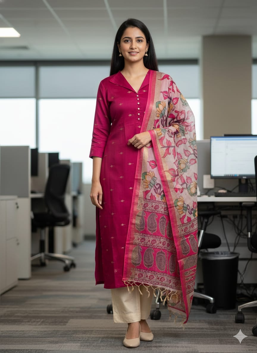 Pink Raw Silk Collar Neck Salwar Suit Set with Kalamkari Dupatta – Stitched Kurta, Bottom & Shawl