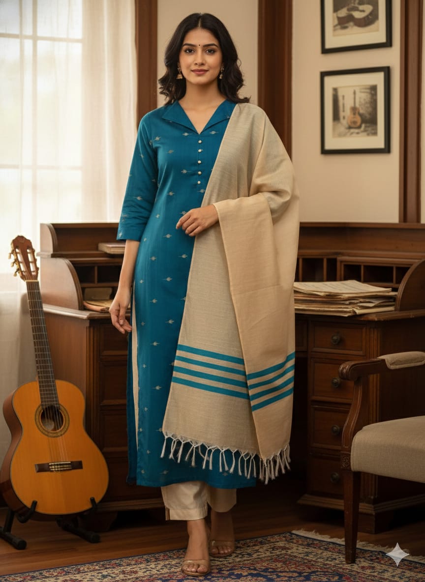 Blue Collar Neck Raw Silk Salwar Suit Set with Elegant Shawl – Stitched Kurta, Bottom & Dupatta (3 Piece Set)