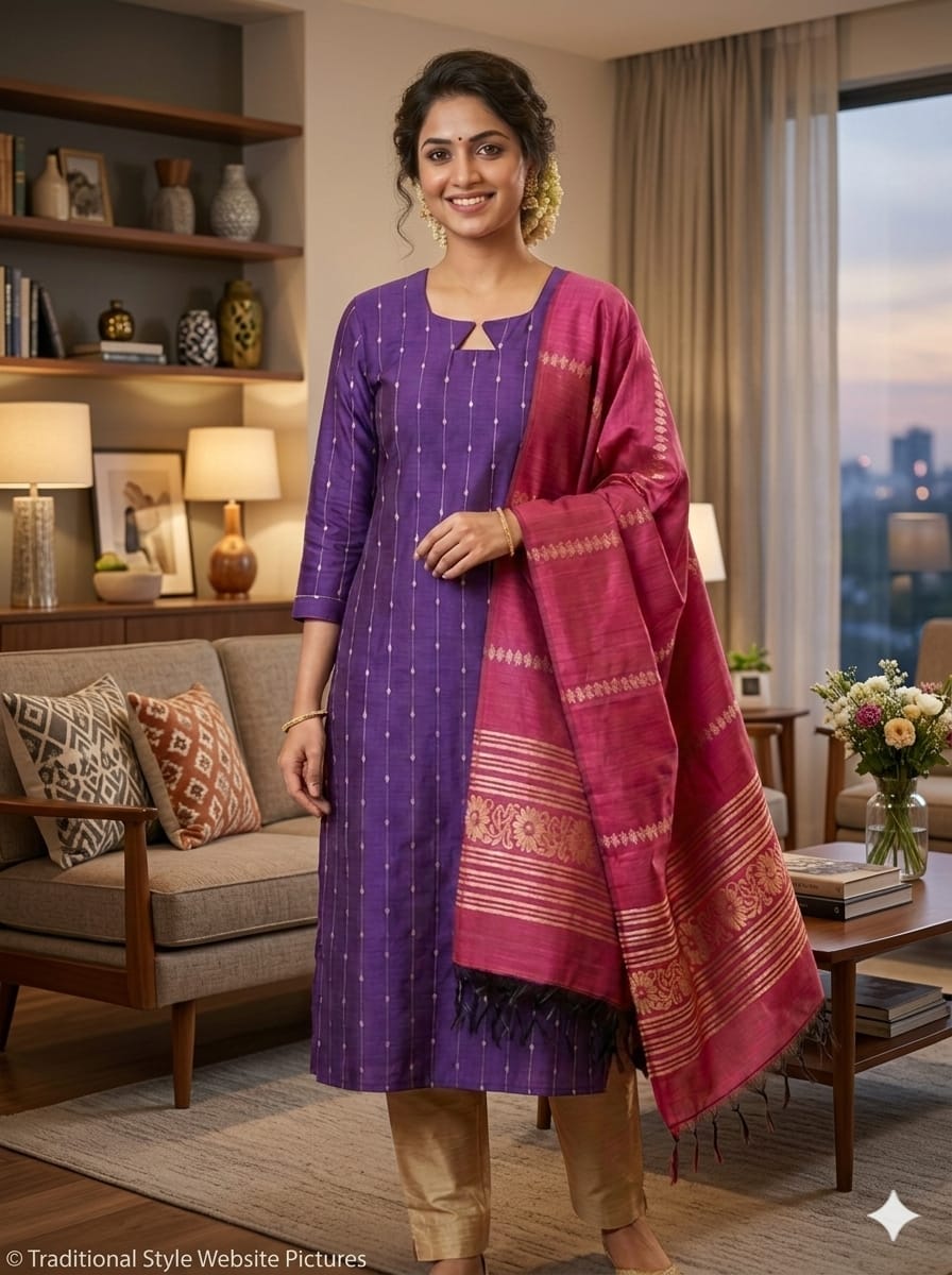 Purple Raw Silk Salwar Suit Set with Designer Dupatta – Stitched Kurta, Bottom & Shawl