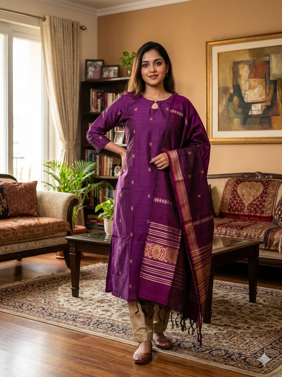 Violet Raw Silk Salwar Suit Set with Designer Dupatta – Stitched Kurta, Bottom & Shawl