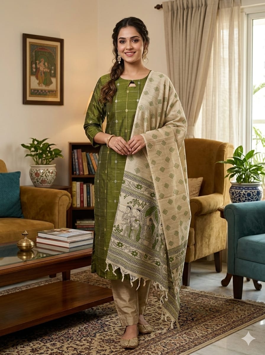 Olive Green Raw Silk Salwar Suit Set with Traditional Printed Dupatta – Stitched Kurta, Bottom & Shawl