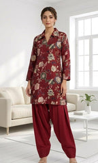 Maroon Floral Co-Ord Set with Patiala Pant – Collar Neck Ethnic Casual Wear