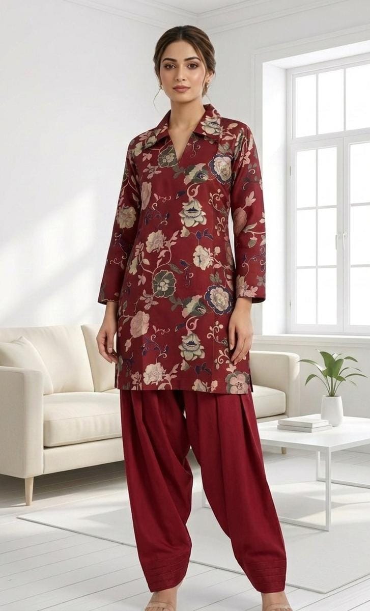 Maroon Floral Co-Ord Set with Patiala Pant – Collar Neck Ethnic Casual Wear