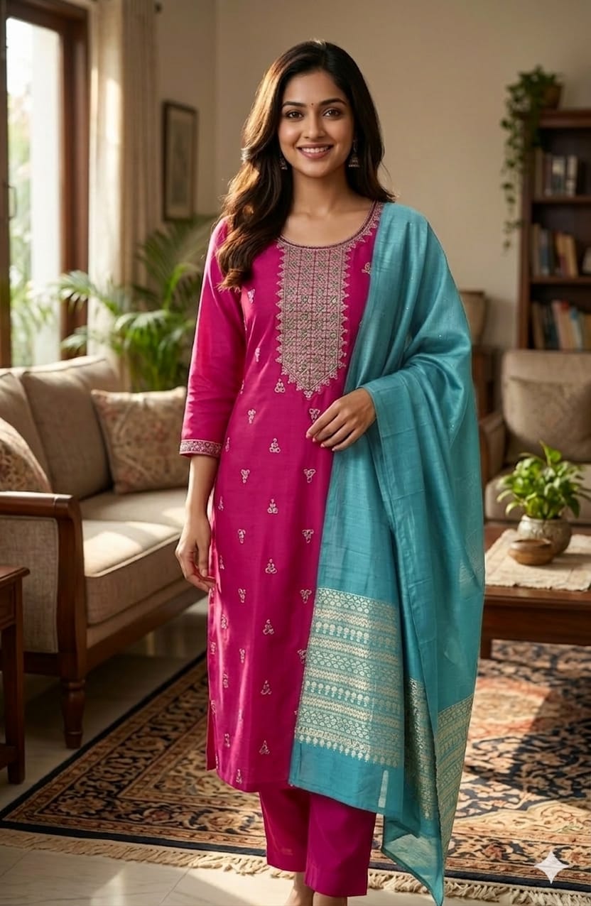 Elegant Pink Embroidered Salwar Suit with Contrast Blue Dupatta