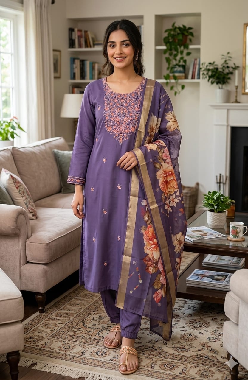 Elegant Lavender Roman Silk Embroidered Salwar Suit with Floral Dupatta
