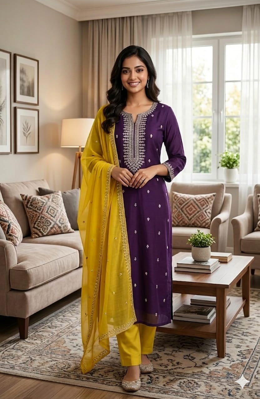 Purple Roman Silk Salwar Suit with Yellow Dupatta
