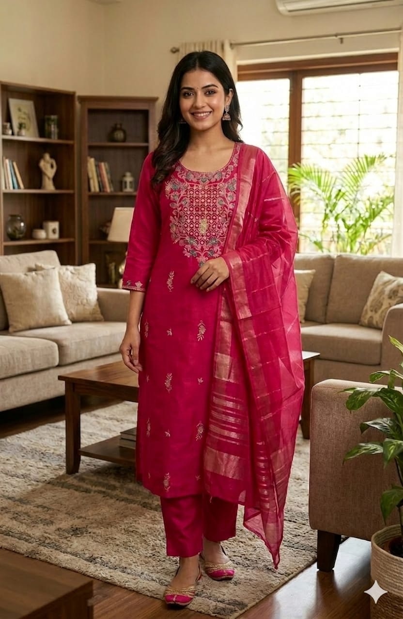 Pink Roman Silk Salwar Suit with Dupatta