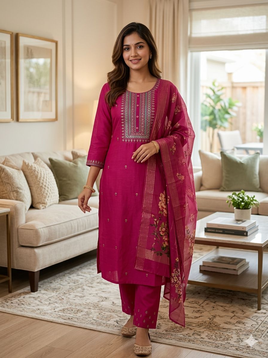 Rani Pink Roman Silk Salwar Suit with Floral Dupatta | Embroidered Round Neck Kurti Set for Women