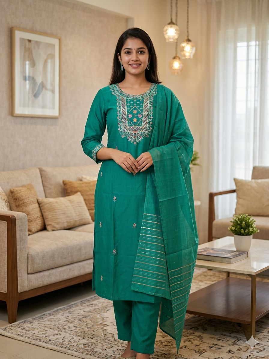 Teal Green Roman Silk Salwar Suit with Dupatta | Embroidered Round Neck Kurti Set for Women
