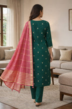 Ramar Green Roman Silk Embroidered Salwar Suit with Pink Dupatta