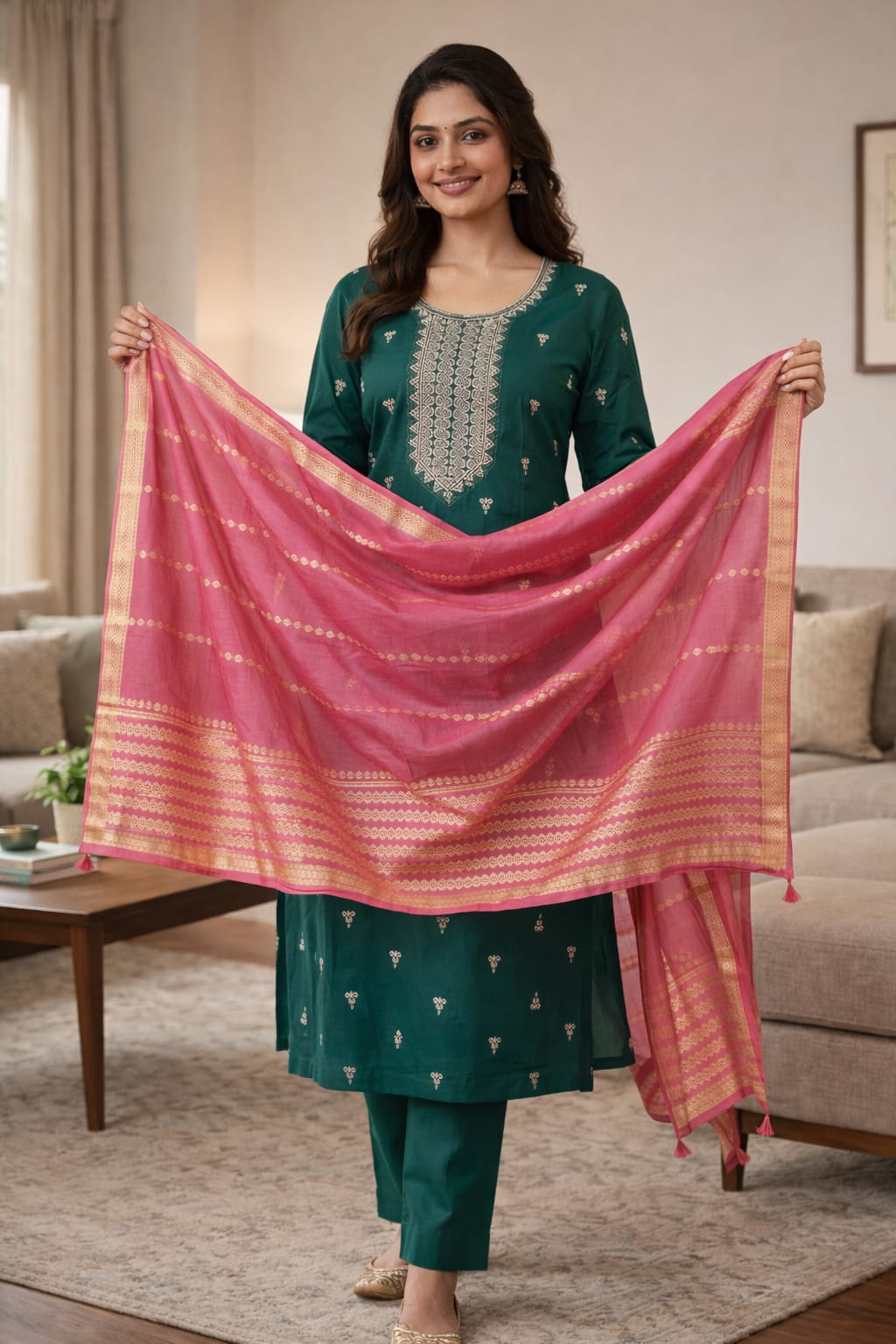 Ramar Green Roman Silk Embroidered Salwar Suit with Pink Dupatta