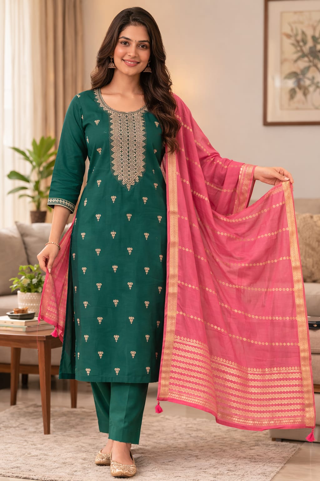 Ramar Green Roman Silk Embroidered Salwar Suit with Pink Dupatta