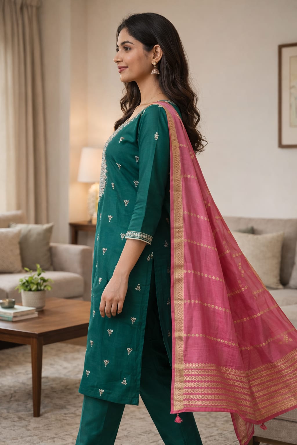 Ramar Green Roman Silk Embroidered Salwar Suit with Pink Dupatta