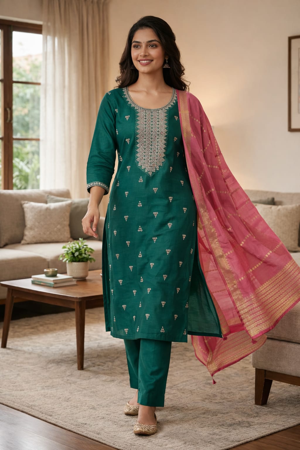 Ramar Green Roman Silk Embroidered Salwar Suit with Pink Dupatta
