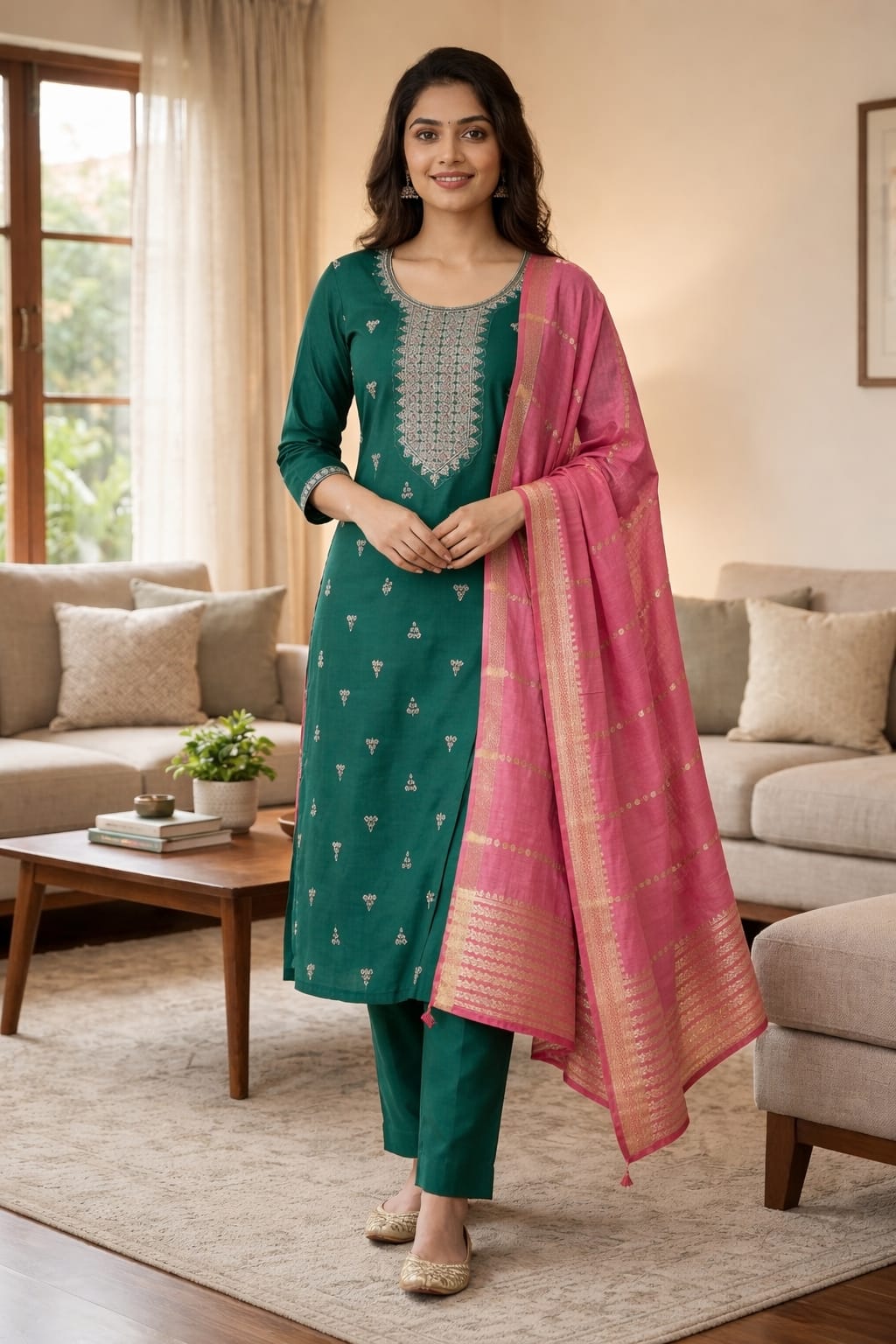 Ramar Green Roman Silk Embroidered Salwar Suit with Pink Dupatta