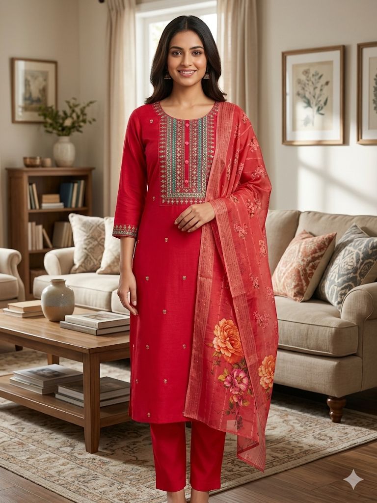 Red Roman Silk Salwar Suit with Floral Dupatta | Embroidered Round Neck Kurti Set for Women