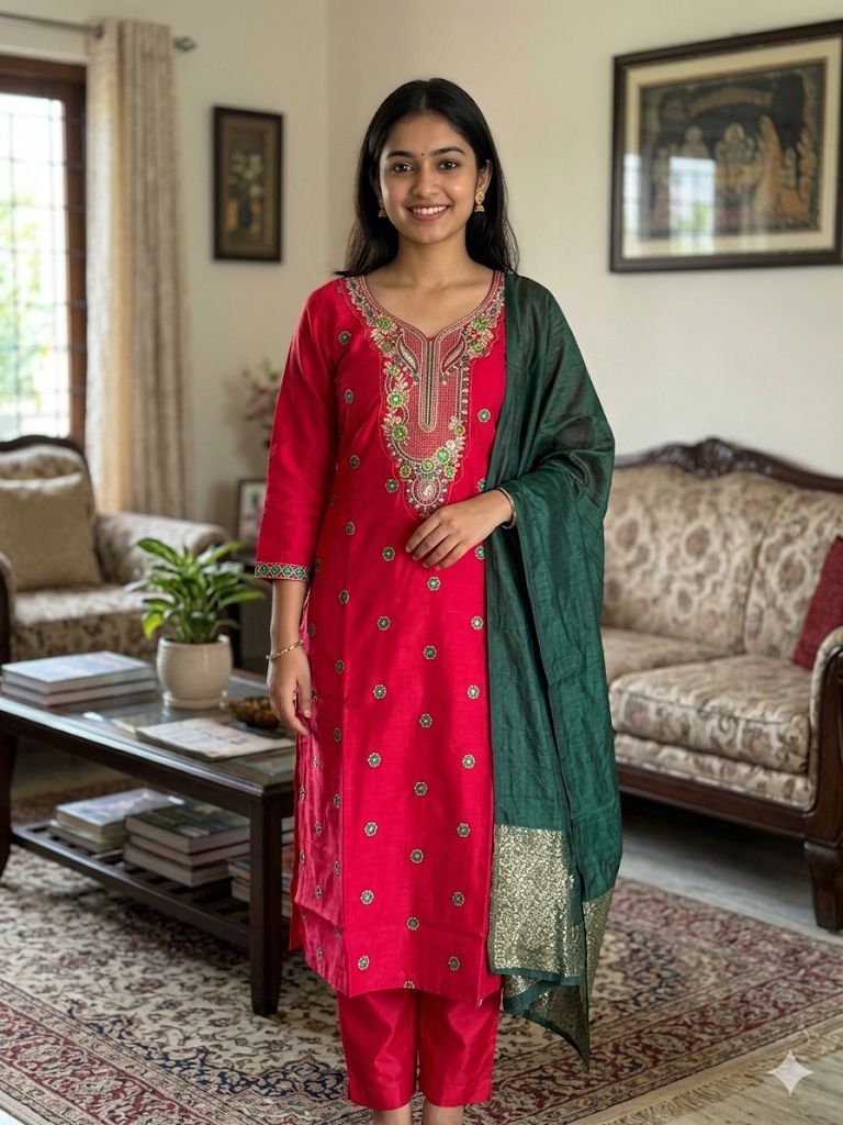 Pink Roman Silk Salwar Suit with Green Dupatta