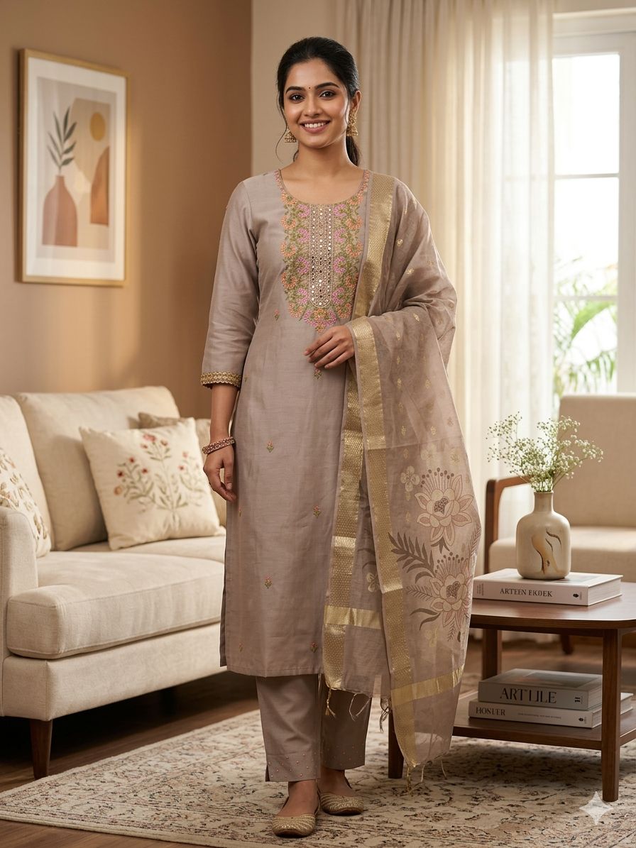 Beige Roman Silk Salwar Suit with Dupatta