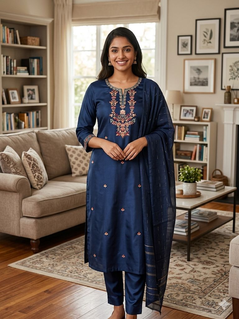 Navy Blue Roman Silk Salwar Suit with Dupatta