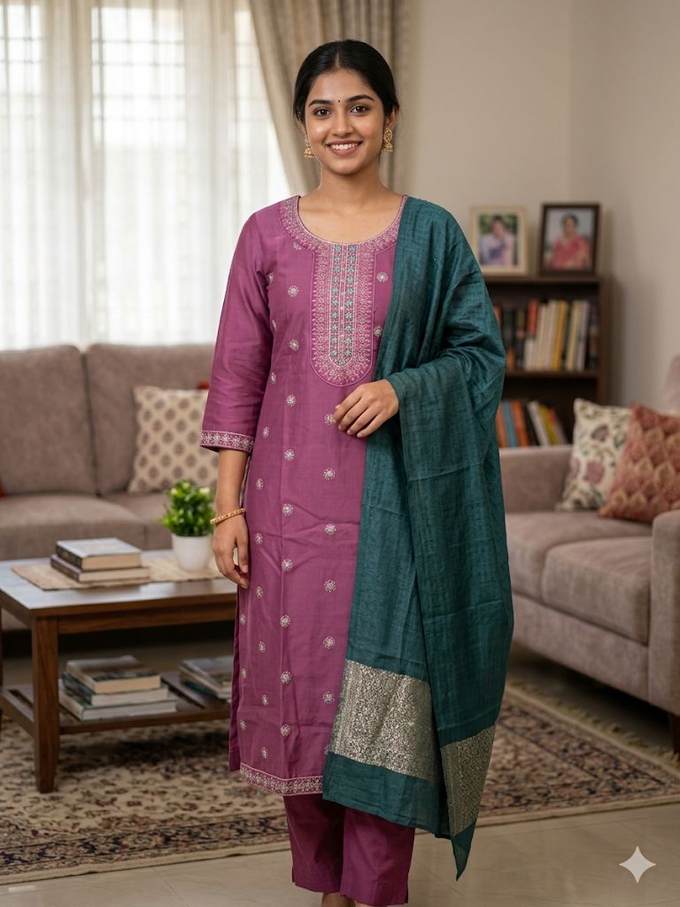 Mauve Roman Silk Salwar Suit with Green Dupatta