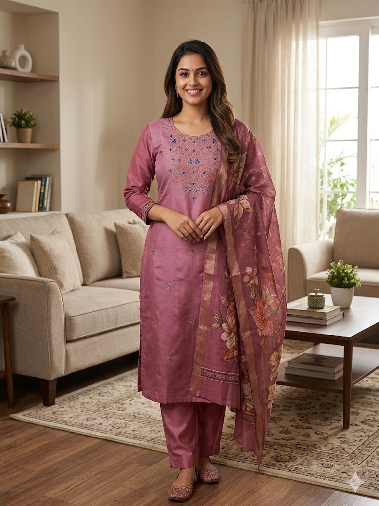 Onion Pink Roman Silk Salwar Suit with Floral Dupatta