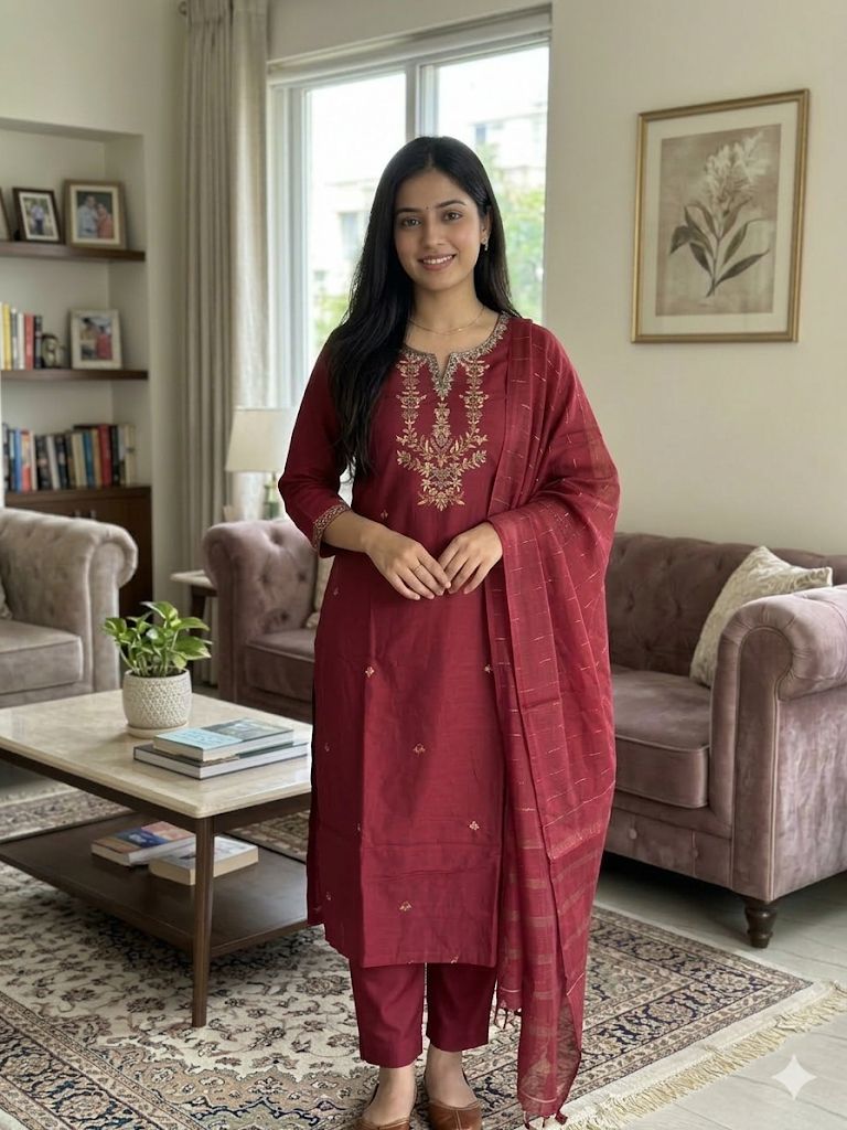 Maroon Roman Silk Salwar Suit with Dupatta