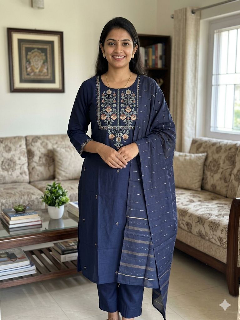 Navy Blue Roman Silk Salwar Suit with Dupatta