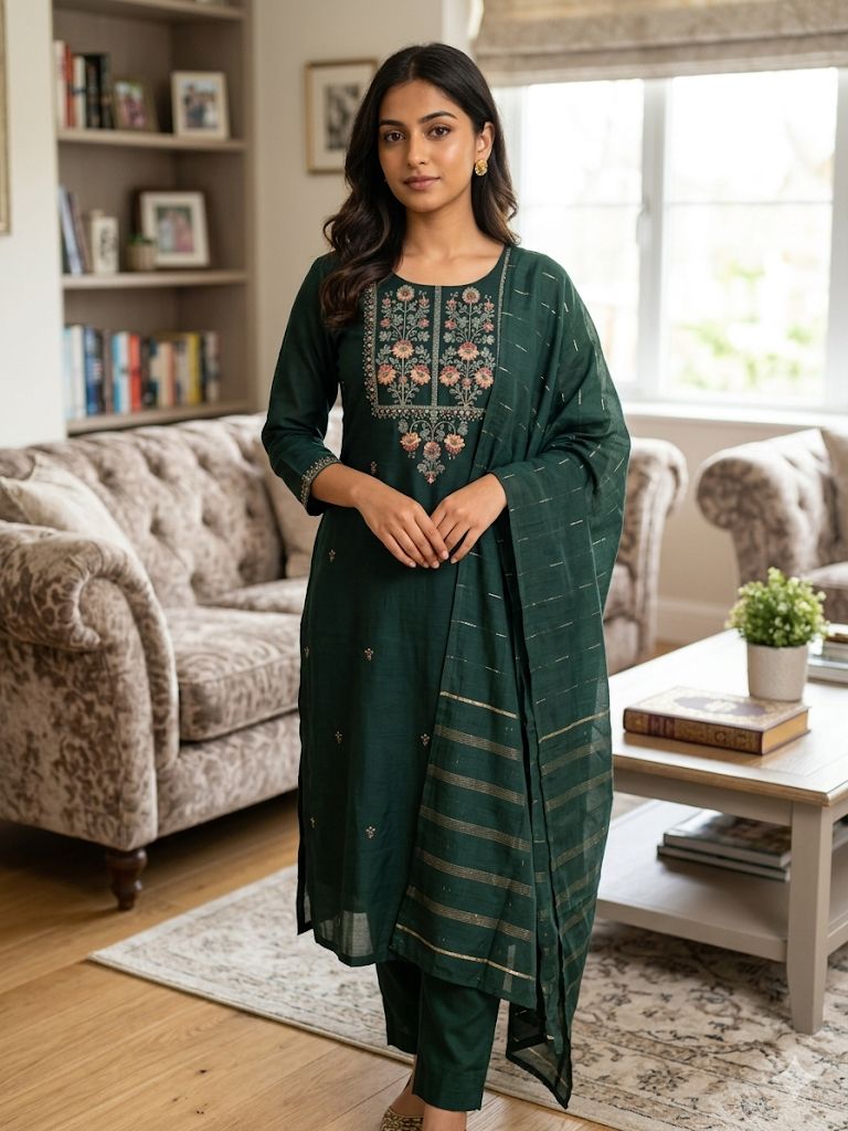 Dark Green Roman Silk Salwar Suit with Dupatta